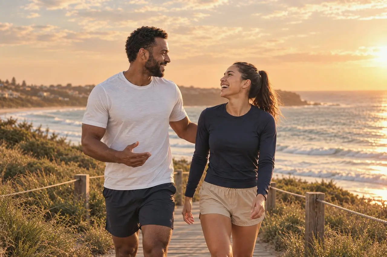 A couple laughing together on a coastal boardwalk at sunset