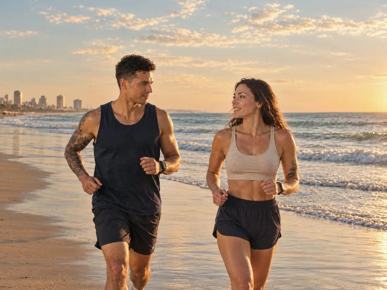 A fit couple jogging side by side along the shoreline at golden hour