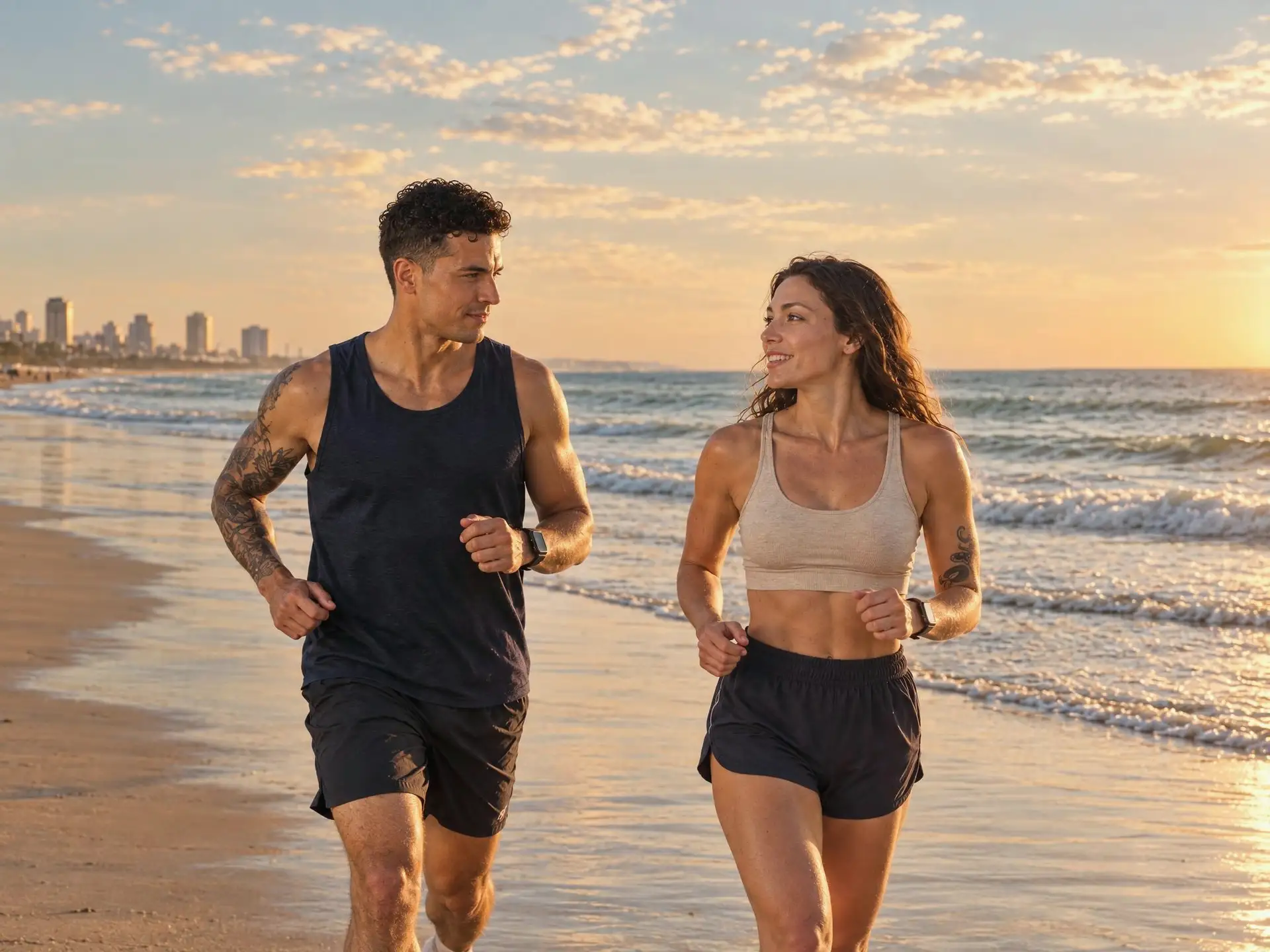 A couple chatting as they jog along the beach at sunset
