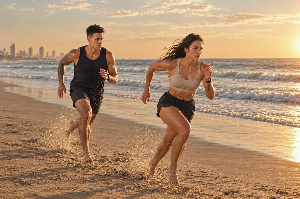 A man and a woman sprinting barefoot along the beach at golden hour