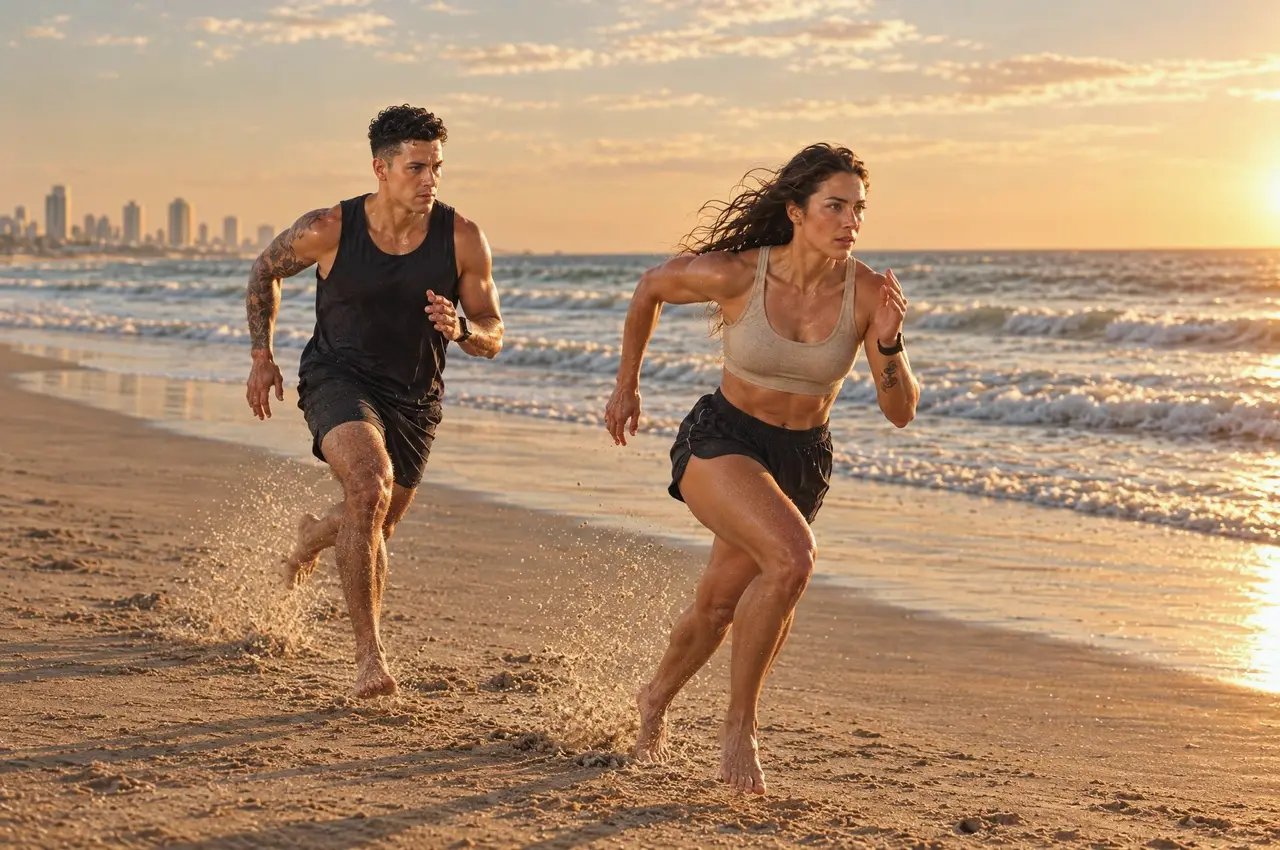 A man and a woman sprinting barefoot along the beach at golden hour