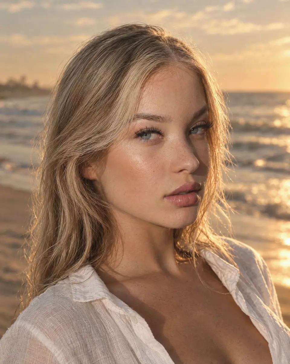 A woman with glowing skin in golden light on the beach